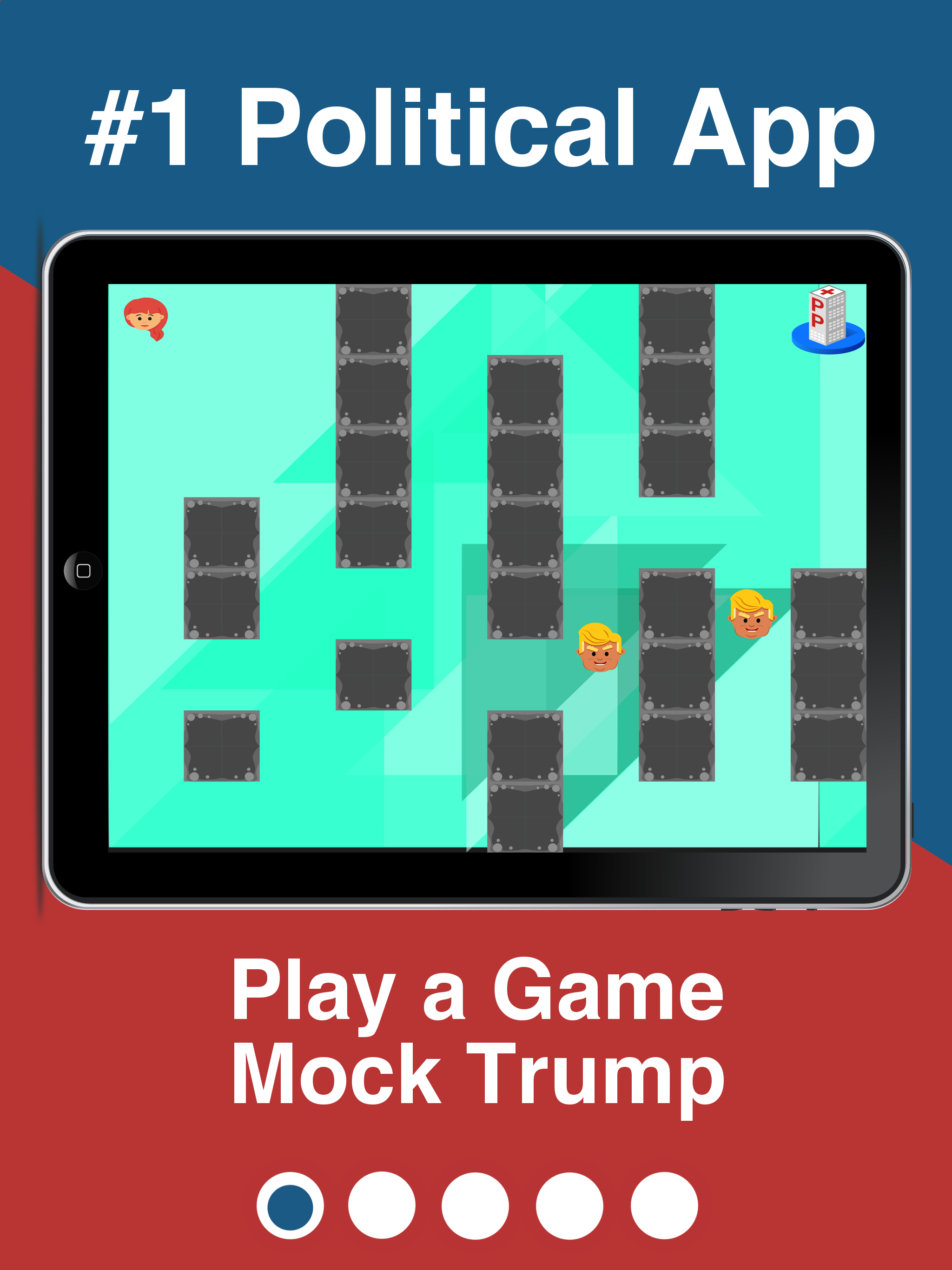 A mobile app called she persisted. The photo has text above that says #1 Political App. The text below says: Play a game, Mock Trump. The Background is split in half with solid red and solid blue. The iPad with the app running is in the center. A young women has to go around walls and avoid trump from grabbing her.