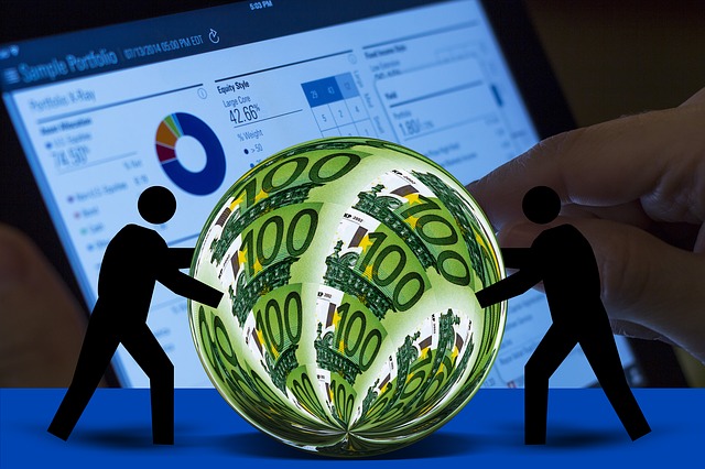 Two cartoon people pushing a ball of euros. In the background is a computer with spreadsheets and charts of money. Maybe information about money form blogging and youtube videos. Startup