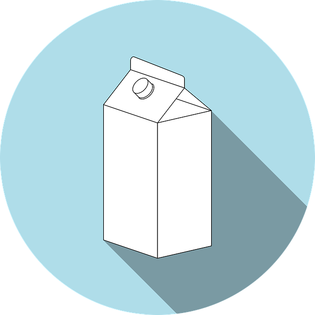 A illustration of a milk container that has a blue circle as the background. Most milk packages are designed by Tetra Pak. Recycling, packaging
