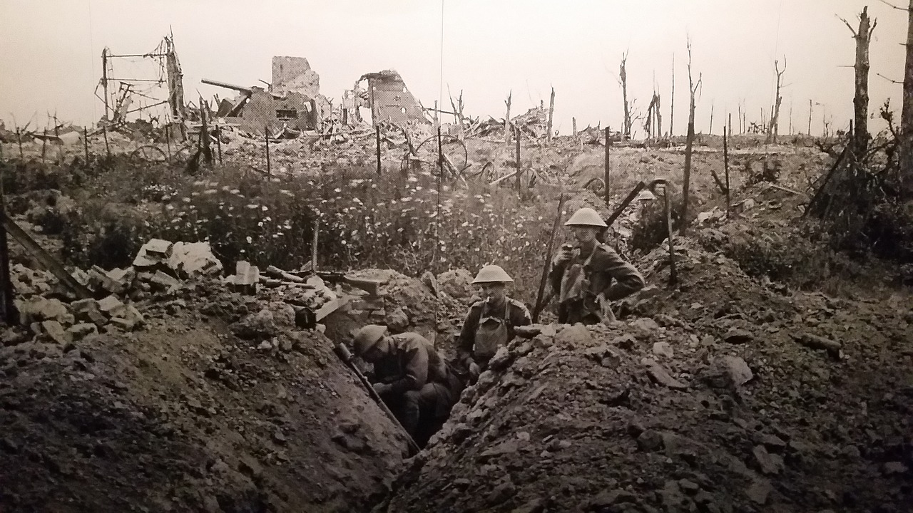 A battlefield from world war one that has trenches.