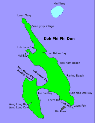 Koh Phi Phi Island map located near Krabi Town. The island is shaped like a distorted N